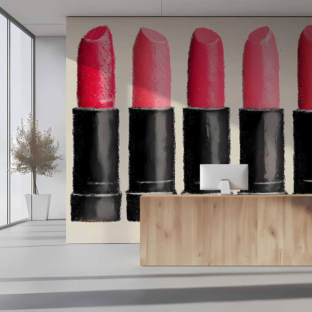 Cosmetic Lipstick Lineup Mural Wallpaper in Pink and Charcoal Mural Wallpaper - pure wallpaper artwork