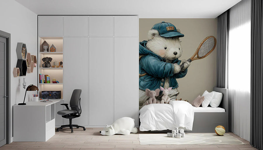 Tennis Playing Bear Mural Wallpaper — Whimsical Childhood Illustration Mural Wallpaper