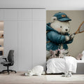 Tennis Playing Bear Mural Wallpaper — Whimsical Childhood Illustration Mural Wallpaper - pure wallpaper artwork