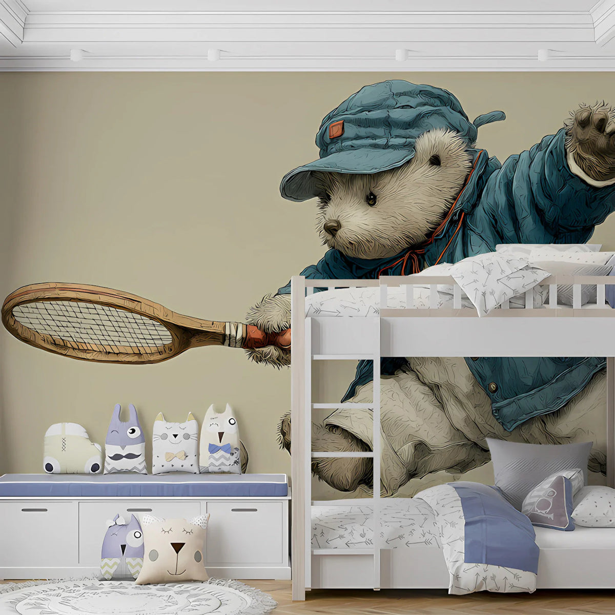 Tennis Teddy Bear Mural Wallpaper — Whimsical Sports Illustration Mural Wallpaper - pure wallpaper artwork