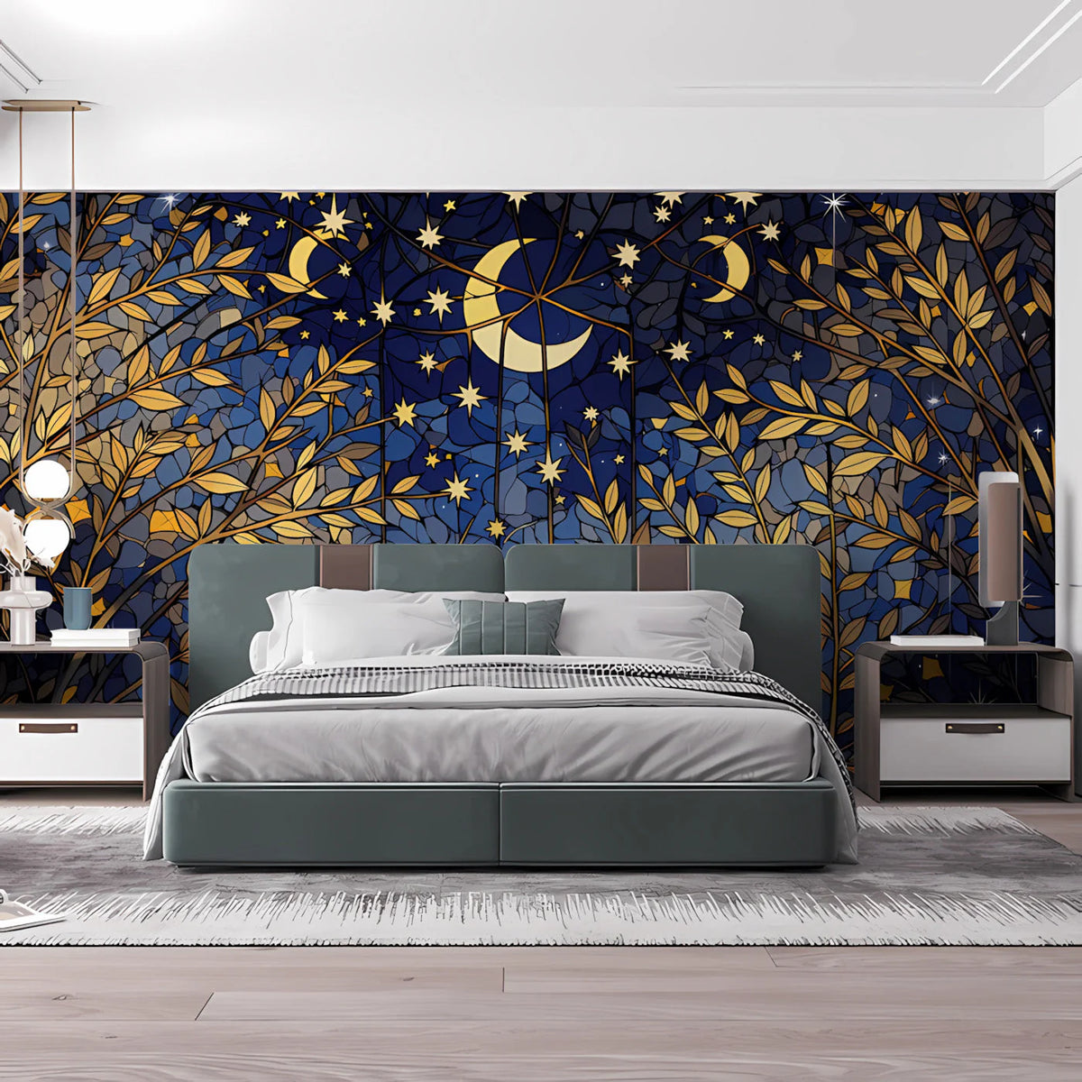 Stained Glass Night Forest Mural Wallpaper — Cosmic Botanical Mural Wallpaper - pure wallpaper artwork