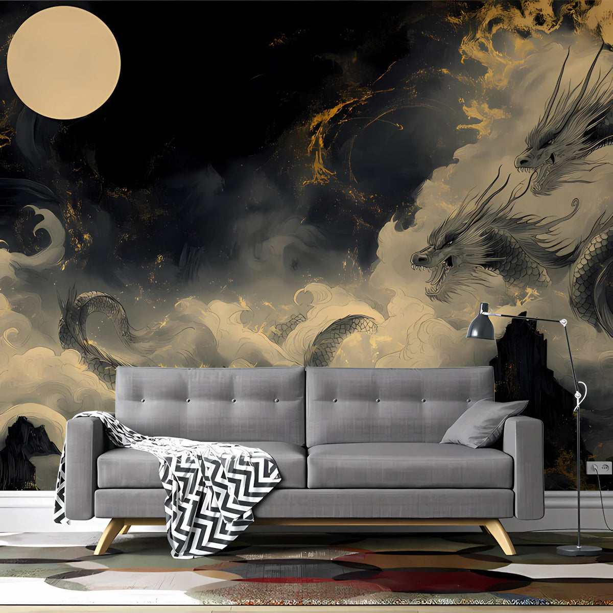 Celestial Dragon Cloud Mural Wallpaper — Gold and Charcoal Decor Mural Wallpaper - pure wallpaper artwork