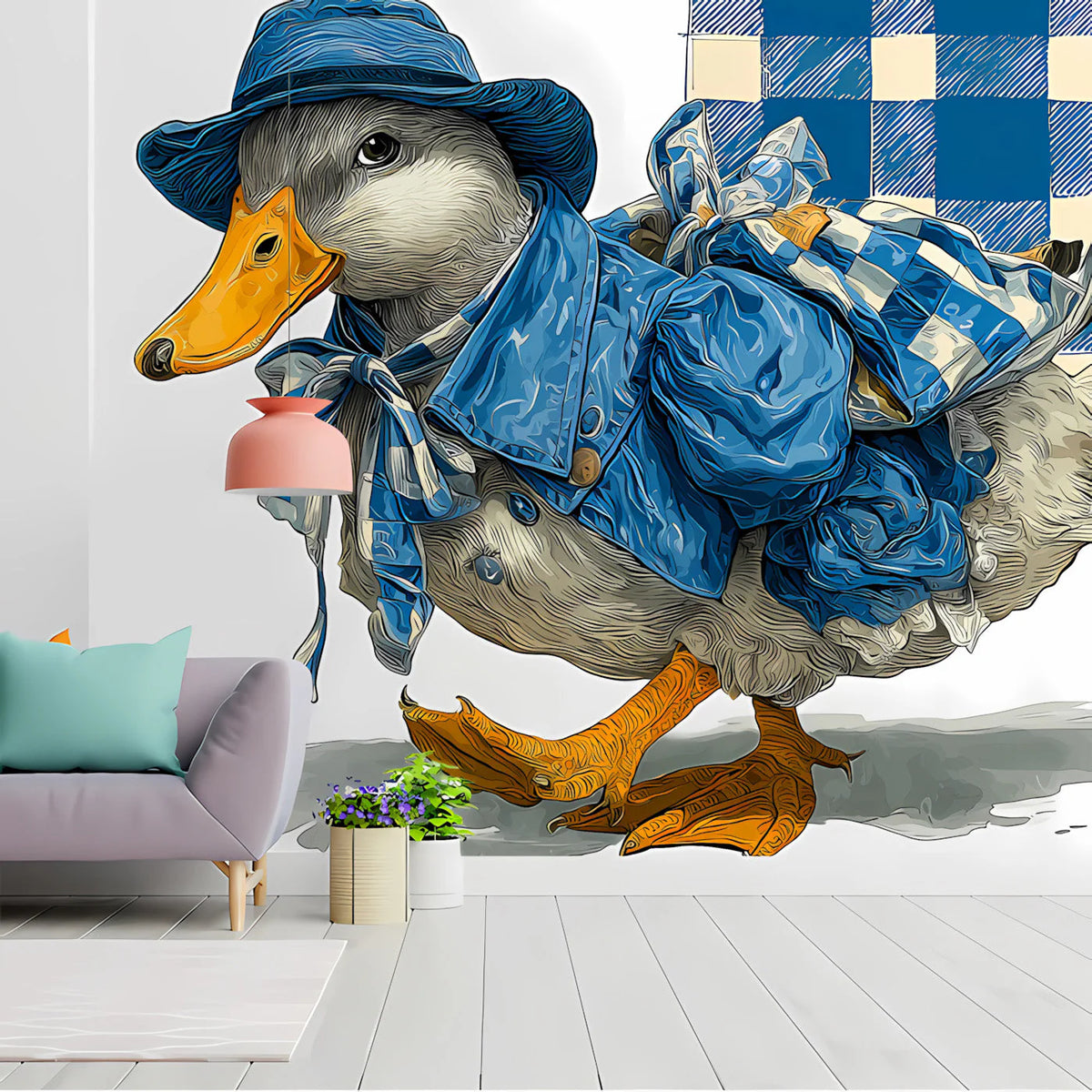 Dapper Traveler Duck Mural Wallpaper — Whimsical Blue Motif Mural Wallpaper - pure wallpaper artwork