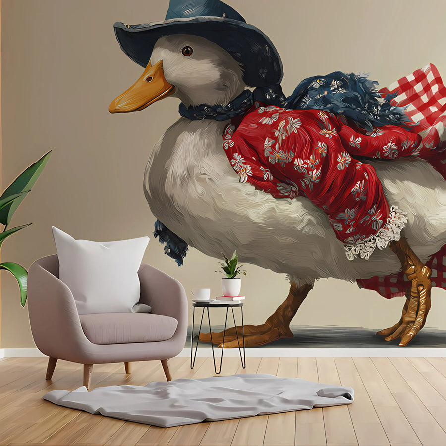 Dapper Duck Floral Gingham Mural Wallpaper — Whimsical Decor Mural Wallpaper