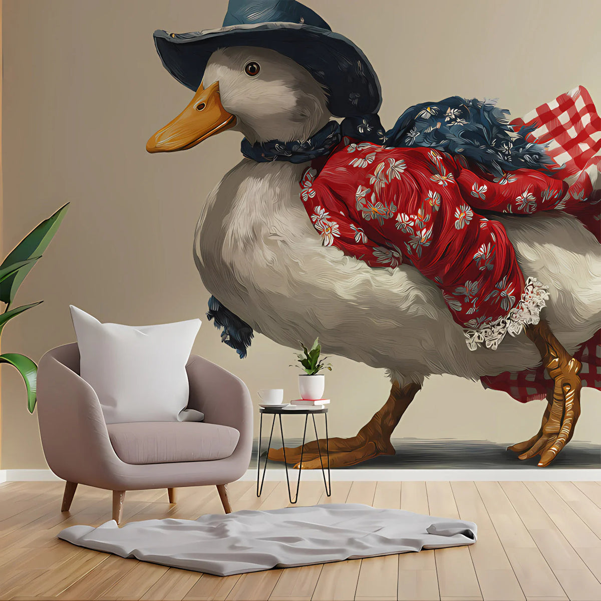 Dapper Duck Floral Gingham Mural Wallpaper — Whimsical Decor Mural Wallpaper - pure wallpaper artwork