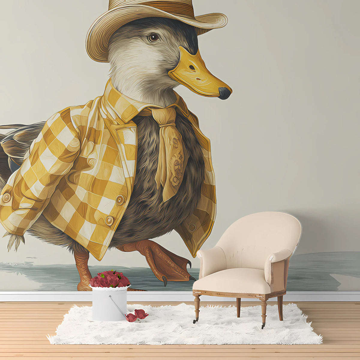 Dapper Duck Mural Wallpaper in Warm Ochre and Cream Mural Wallpaper - pure wallpaper artwork