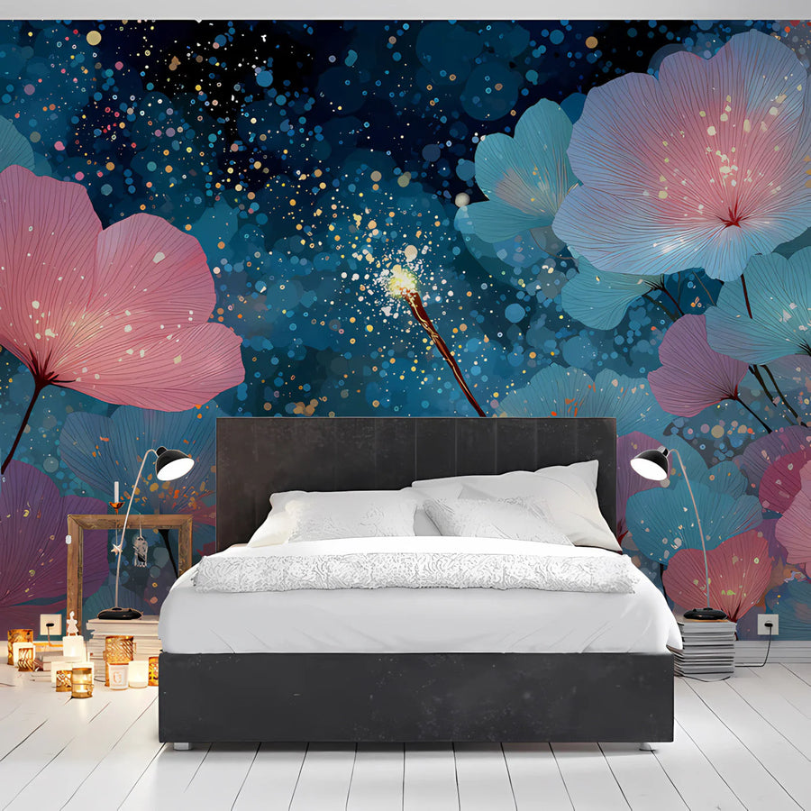 Cosmic Floral Fantasy Mural Wallpaper — Whimsical Night Garden Mural Wallpaper