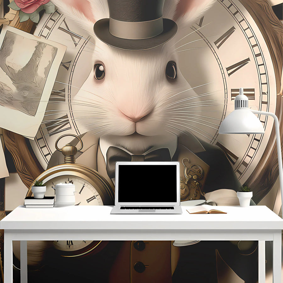 Whimsical White Rabbit Mural Wallpaper — Vintage Storybook Style Mural Wallpaper
