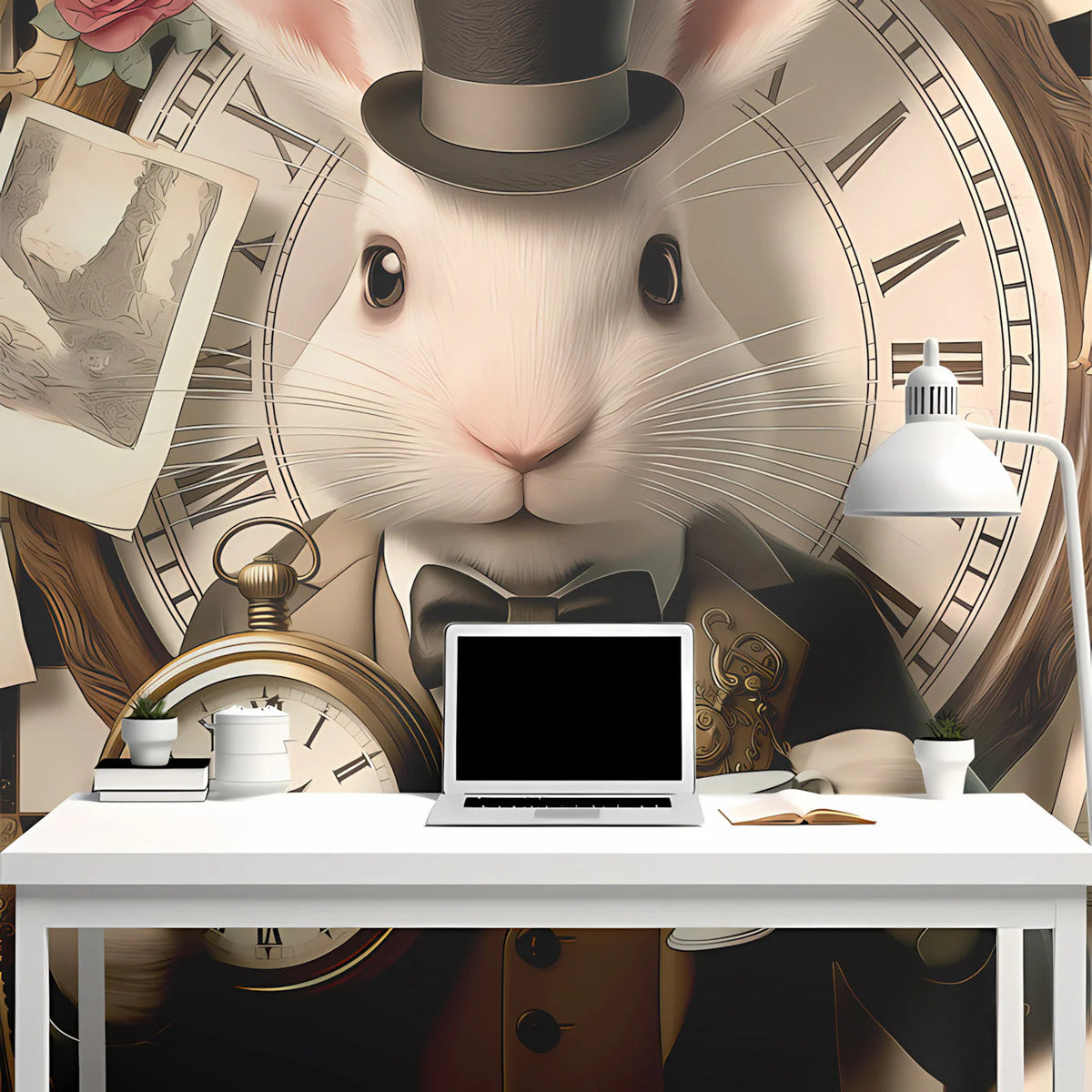 Whimsical White Rabbit Mural Wallpaper — Vintage Storybook Style Mural Wallpaper - pure wallpaper artwork