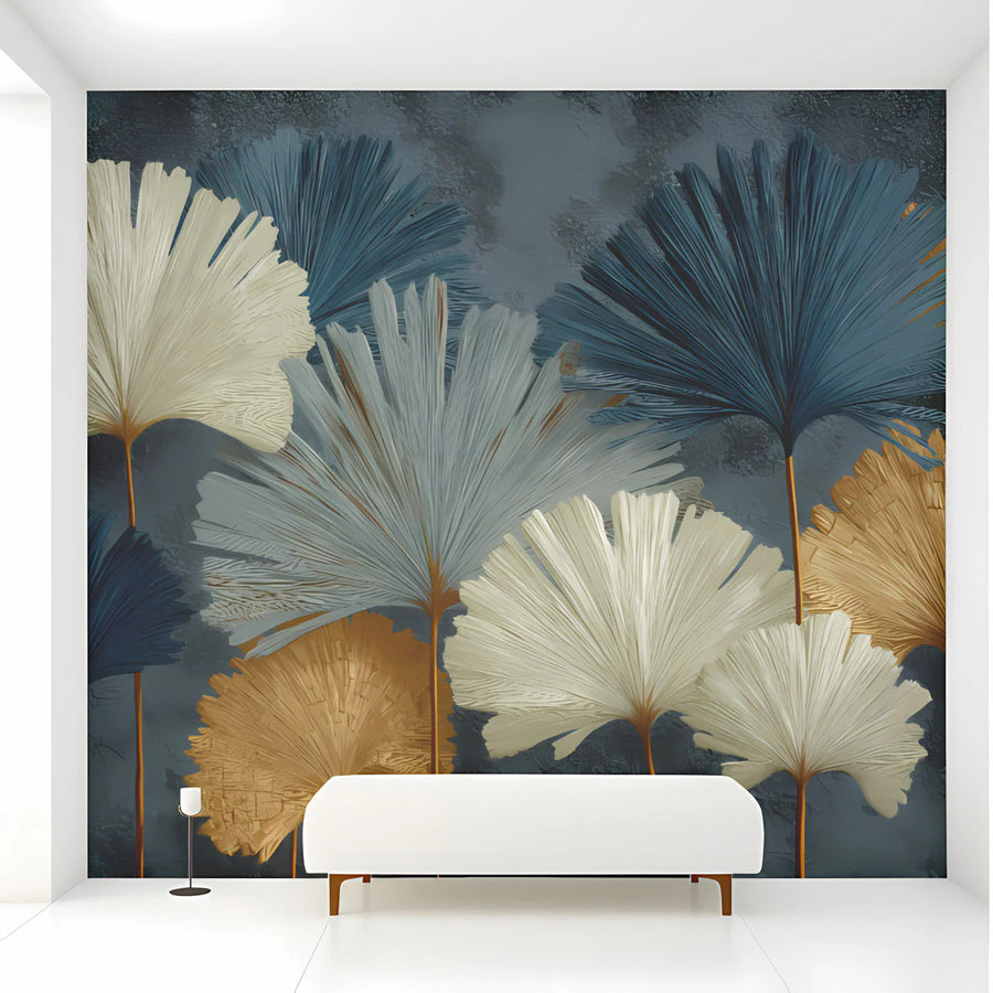Ginkgo Leaf Plaster Mural Wallpaper — Navy and Gold Botanical Mural Wallpaper