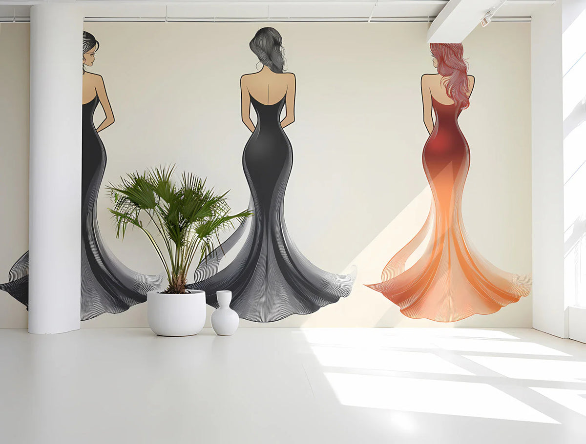 Elegant Silhouette Fashion Mural Wallpaper — Sophisticated Line Art Mural Wallpaper - pure wallpaper artwork