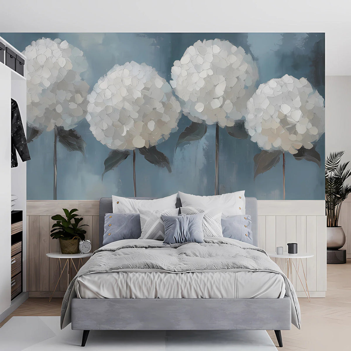 Hydrangea Bloom Mural Wallpaper in Muted Blue and Cream Mural Wallpaper - pure wallpaper artwork