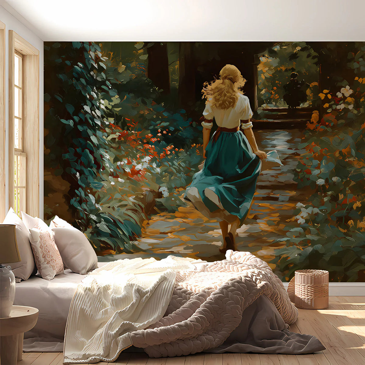 Garden Stroll Oil Painting Mural Wallpaper in Teal and Ochre Mural Wallpaper - pure wallpaper artwork