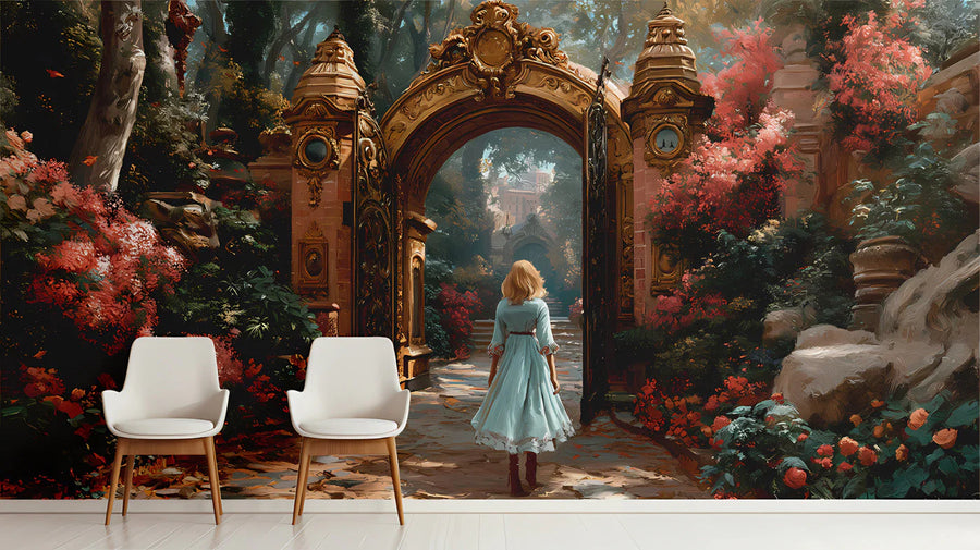 Gilded Garden Gate Mural Wallpaper —Romantic Baroque Scene Mural Wallpaper