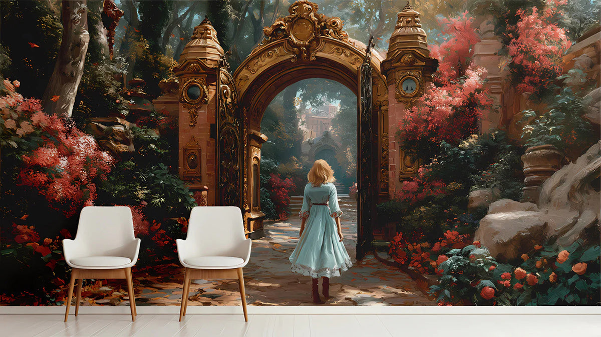 Gilded Garden Gate Mural Wallpaper —Romantic Baroque Scene Mural Wallpaper - pure wallpaper artwork