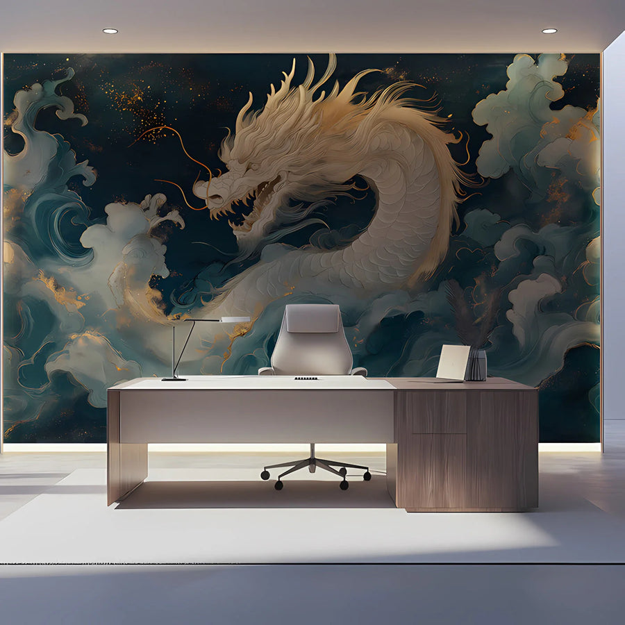 Celestial Dragon Mural Wallpaper in Deep Blue and Gold Mural Wallpaper