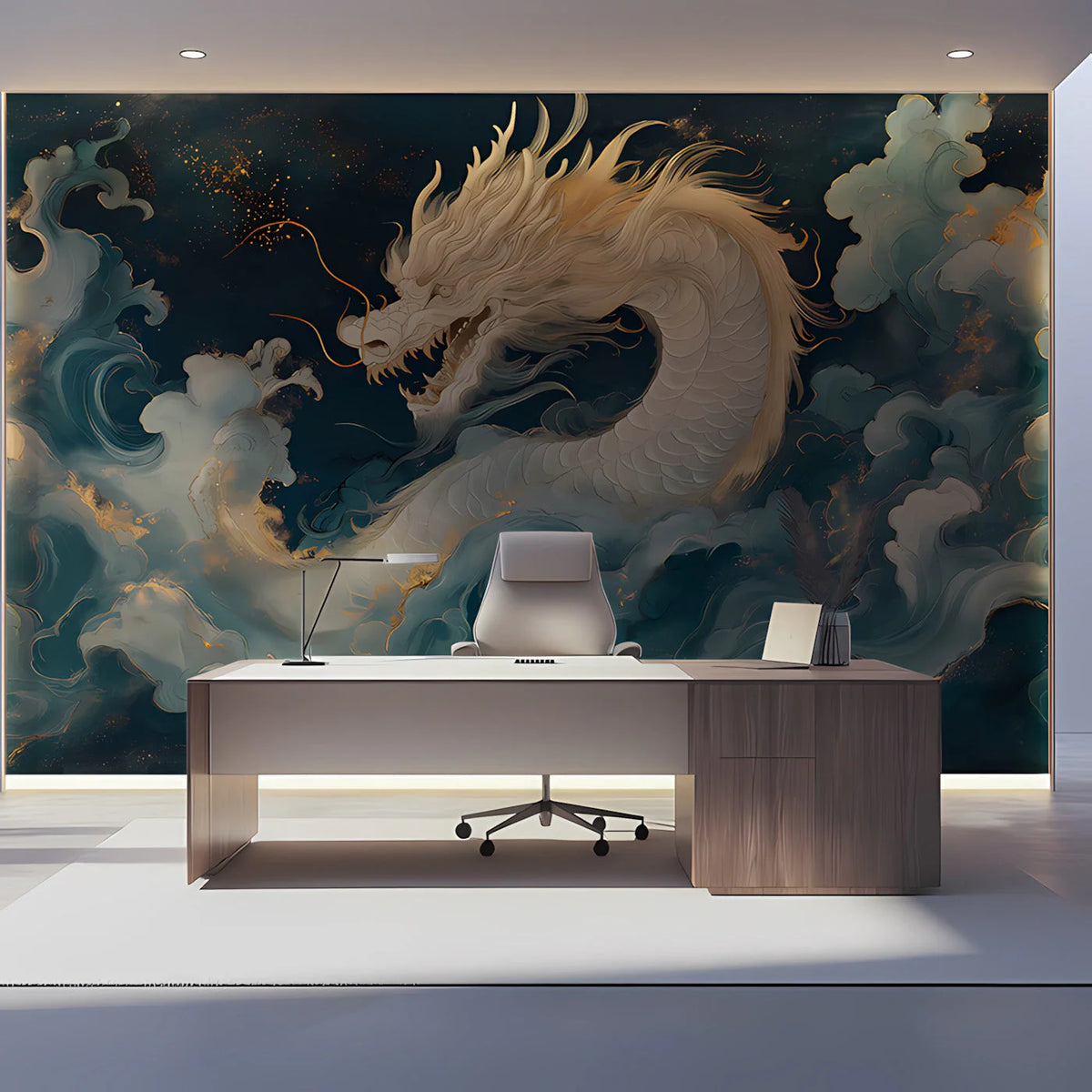 Celestial Dragon Mural Wallpaper in Deep Blue and Gold Mural Wallpaper - pure wallpaper artwork