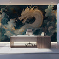 Celestial Dragon Mural Wallpaper in Deep Blue and Gold Mural Wallpaper - pure wallpaper artwork