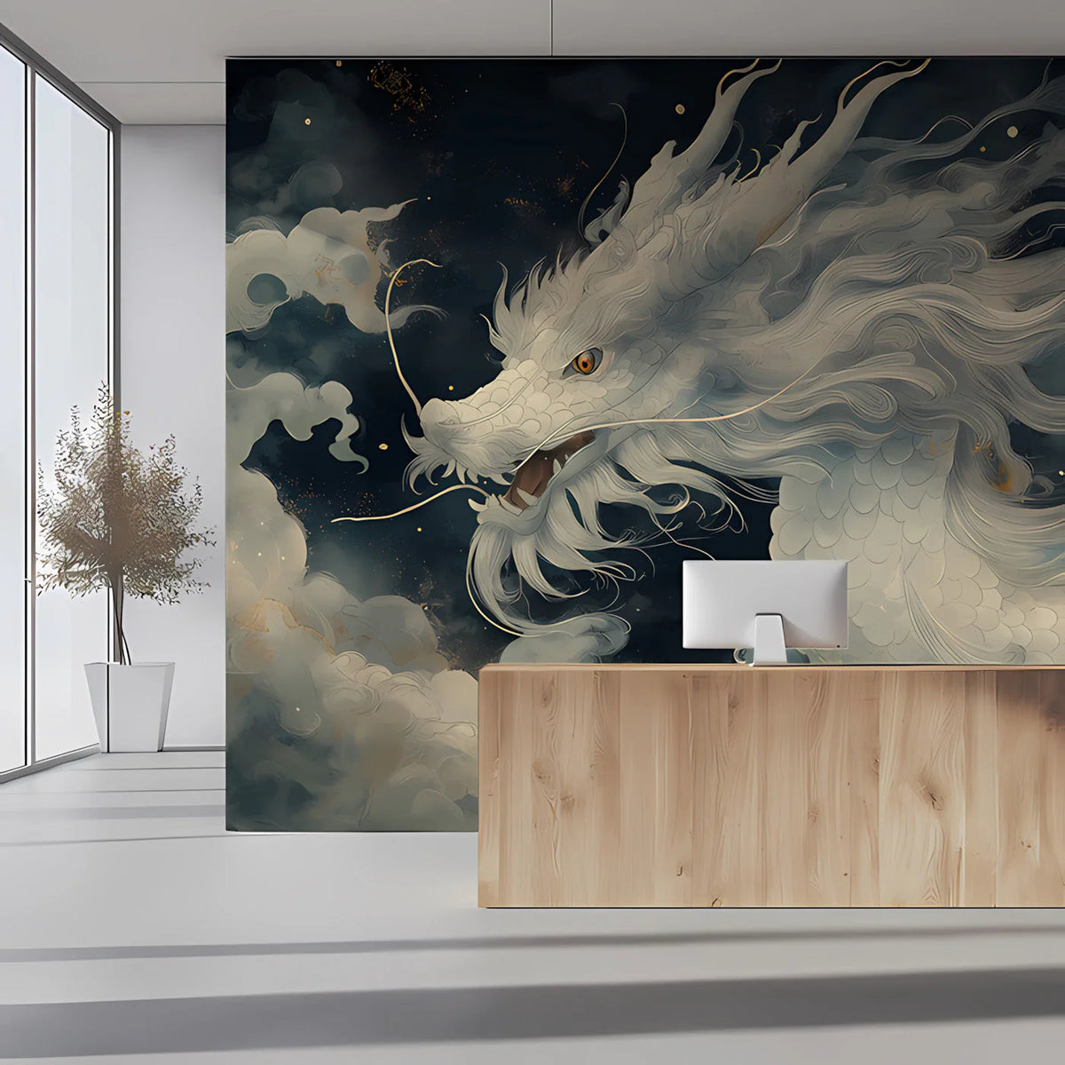 Celestial Dragon Mural Wallpaper in Midnight Blue and Pearl Mural Wallpaper - pure wallpaper artwork