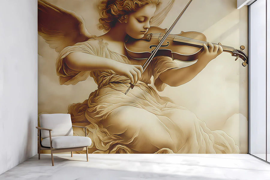 Violin Playing Angel Mural Wallpaper in Sepia Tones Mural Wallpaper