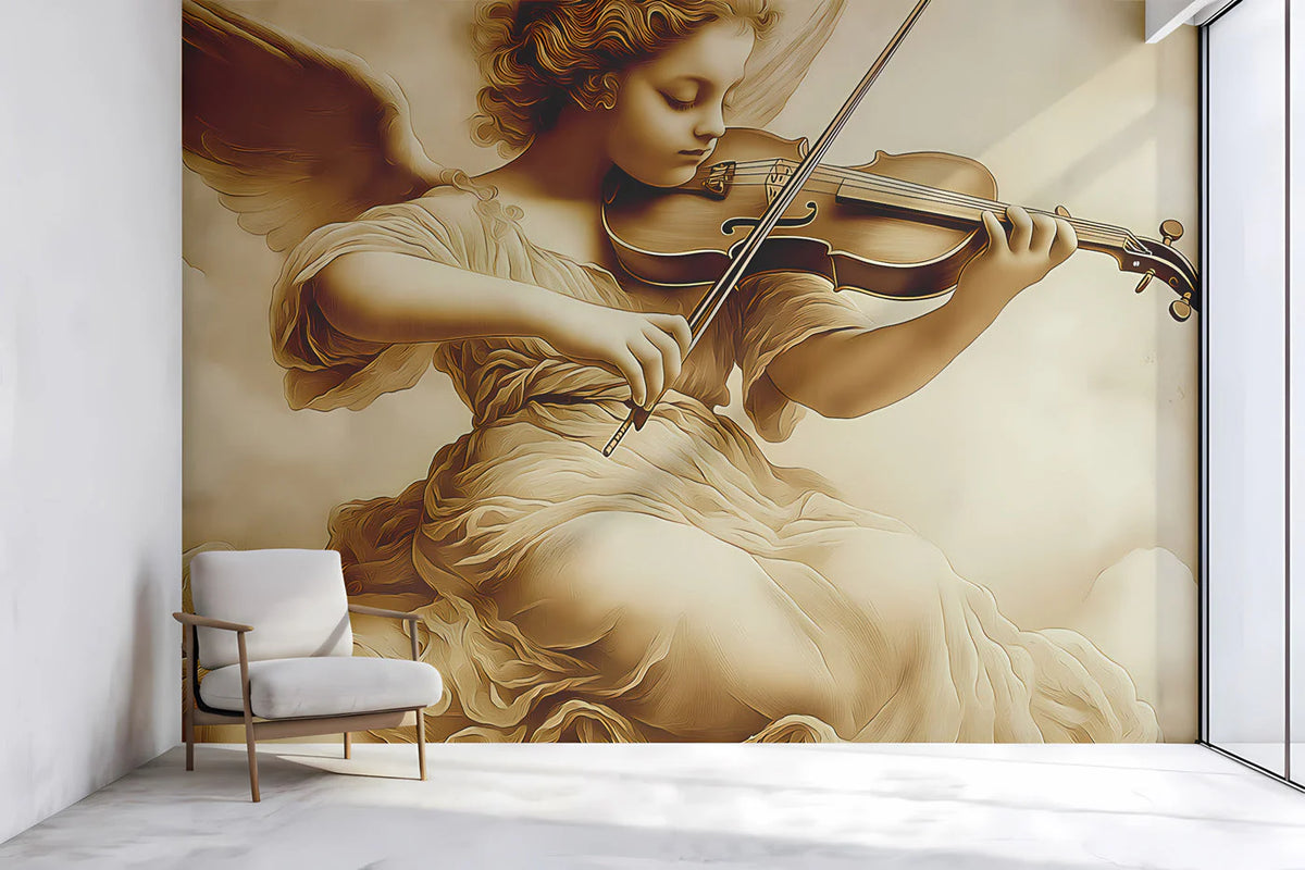 Violin Playing Angel Mural Wallpaper in Sepia Tones Mural Wallpaper - pure wallpaper artwork