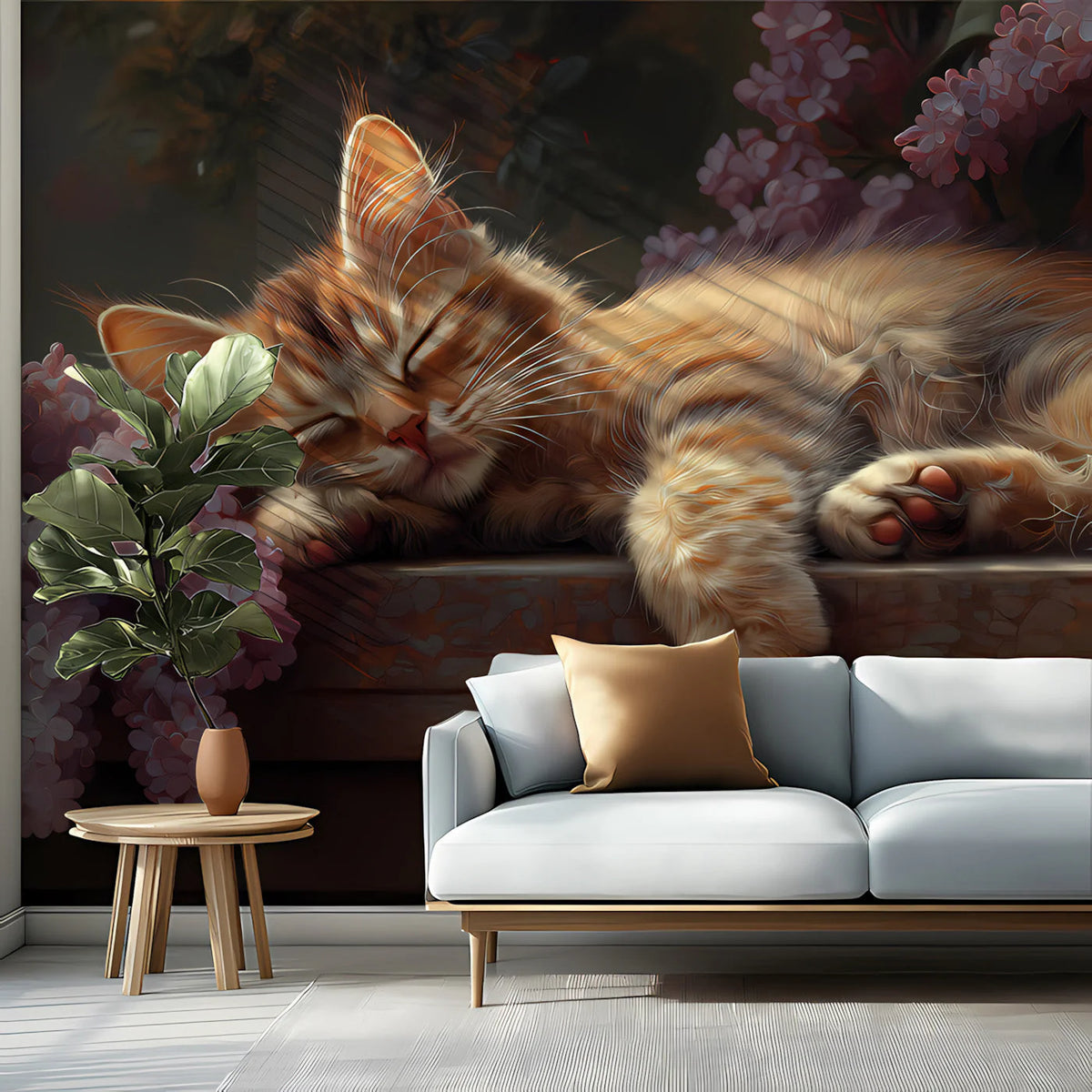Sleeping Ginger Cat and Lilac Blooms Mural Wallpaper - pure wallpaper artwork
