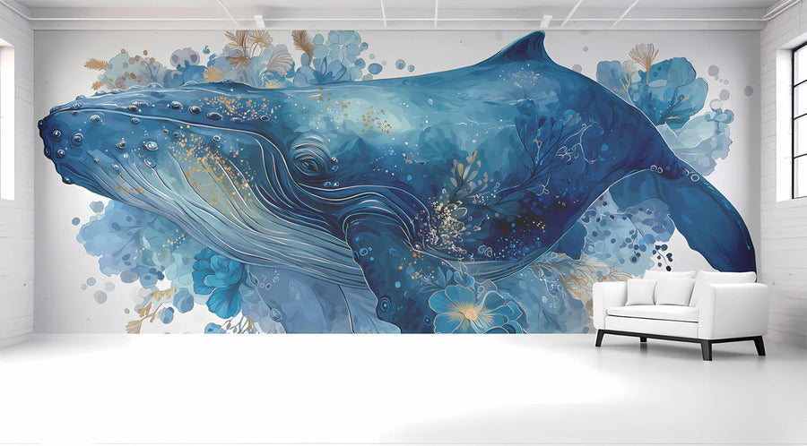 Whale and Floral Impressionist Mural Wallpaper