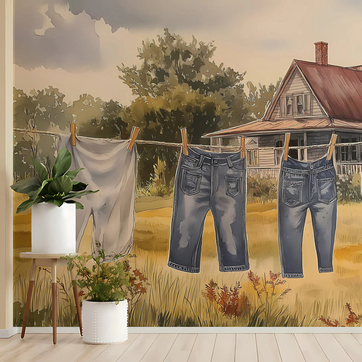Country Homestead Mural Wallpaper — Pastoral Watercolor Scene Mural Wallpaper - pure wallpaper artwork
