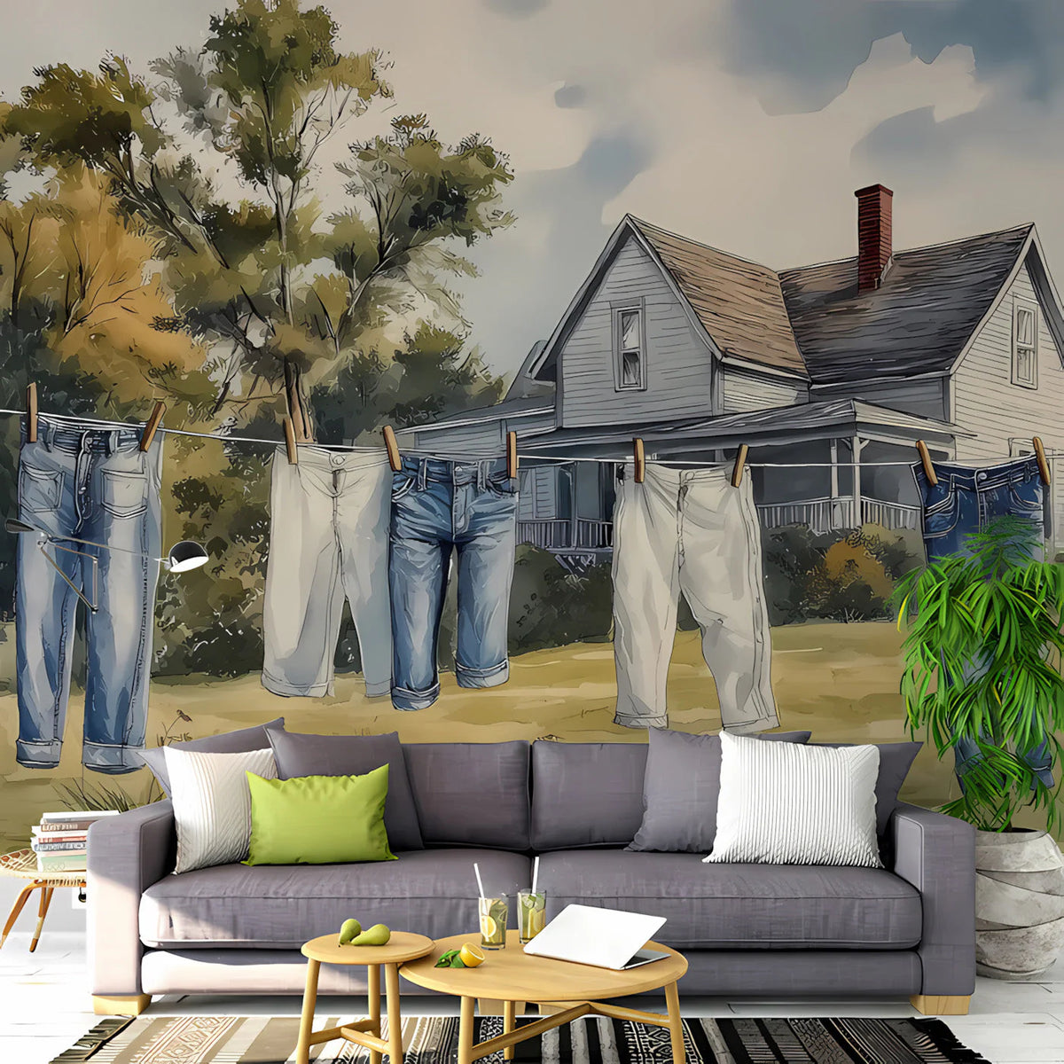 Countryside Laundry Mural Wallpaper — Artistic Rural Scene Mural Wallpaper - pure wallpaper artwork