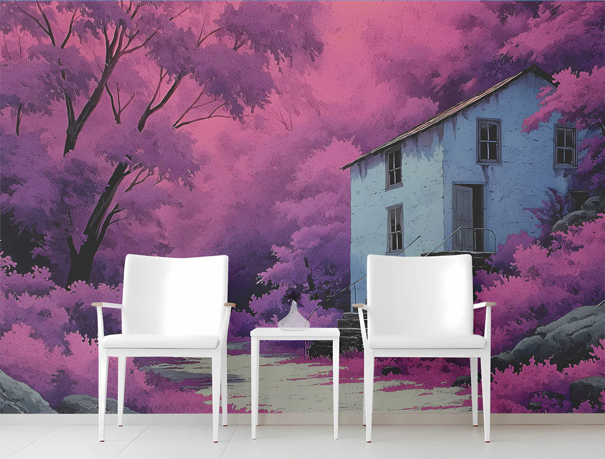 Violet Forest Cottage Mural Wallpaper —Whimsical Painted Scene Mural Wallpaper - pure wallpaper artwork