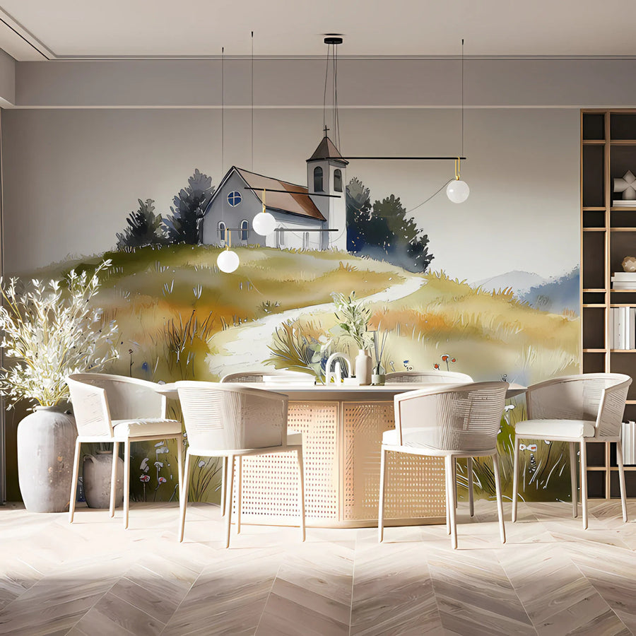 Country Chapel Watercolor Landscape Mural Wallpaper