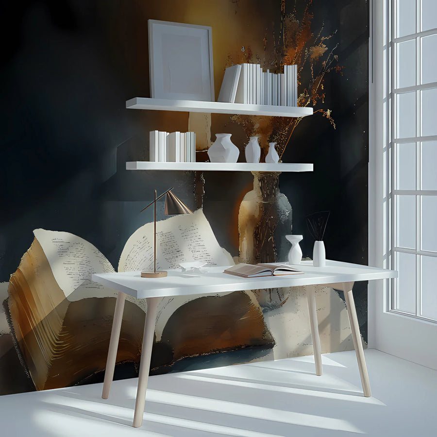 Candlelit Library Still Life Mural Wallpaper — Moody Academic Style Mural Wallpaper