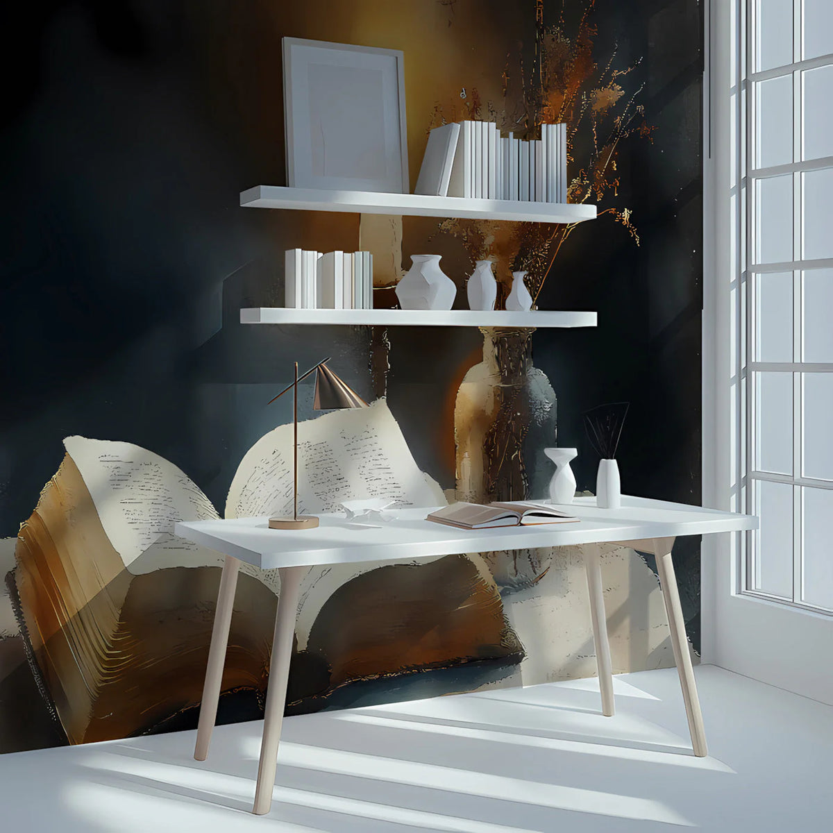 Candlelit Library Still Life Mural Wallpaper — Moody Academic Style Mural Wallpaper - pure wallpaper artwork