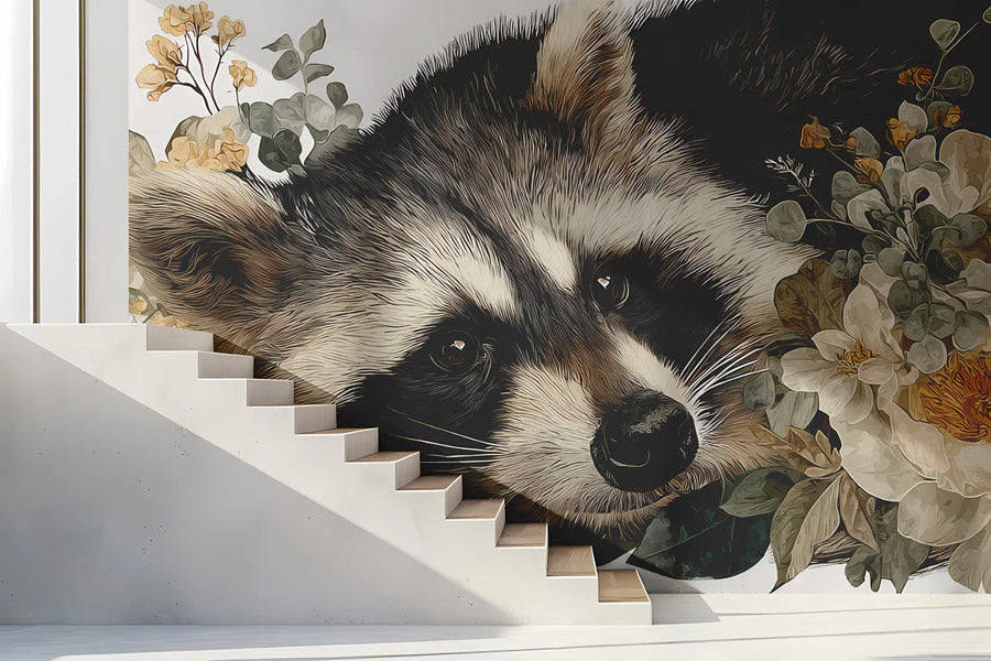Resting Raccoon Floral Mural Wallpaper — Whimsical Nature Art Mural Wallpaper