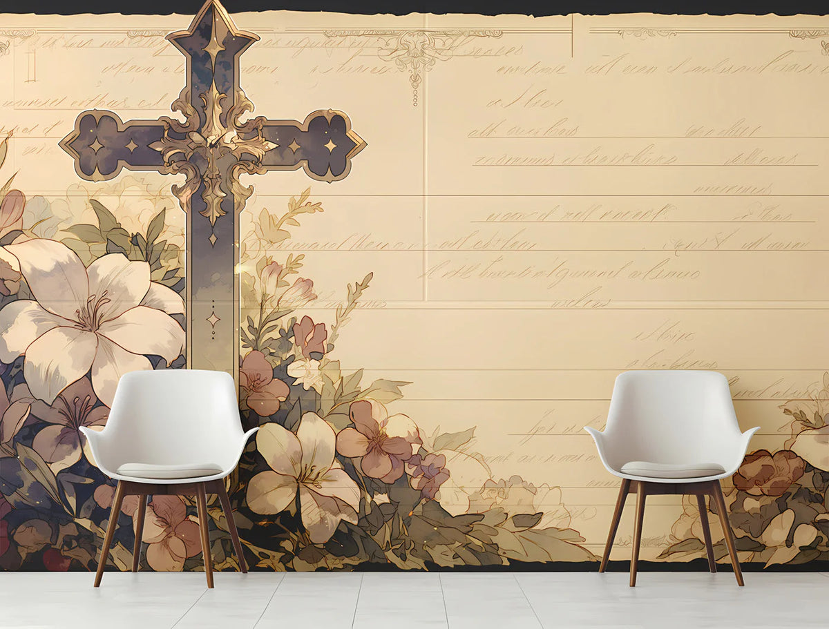 Vintage Religious Cross and Floral Mural Wallpaper - pure wallpaper artwork