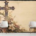 Vintage Religious Cross and Floral Mural Wallpaper - pure wallpaper artwork