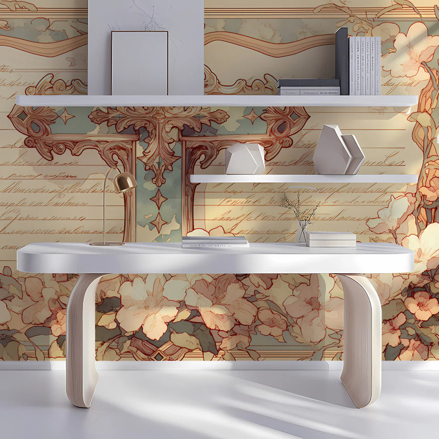 Baroque Script Cross Mural Wallpaper — Artistic Vintage Heritage Mural Wallpaper