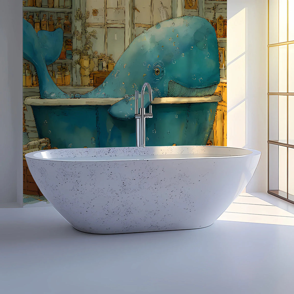 Whimsical Whale in Bathtub Mural Wallpaper — Artistic Illustration Mural Wallpaper - pure wallpaper artwork