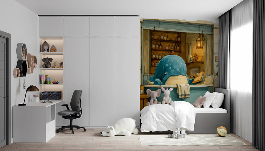 Whimsical Bathing Whale Mural Wallpaper — Storybook Illustration Mural Wallpaper