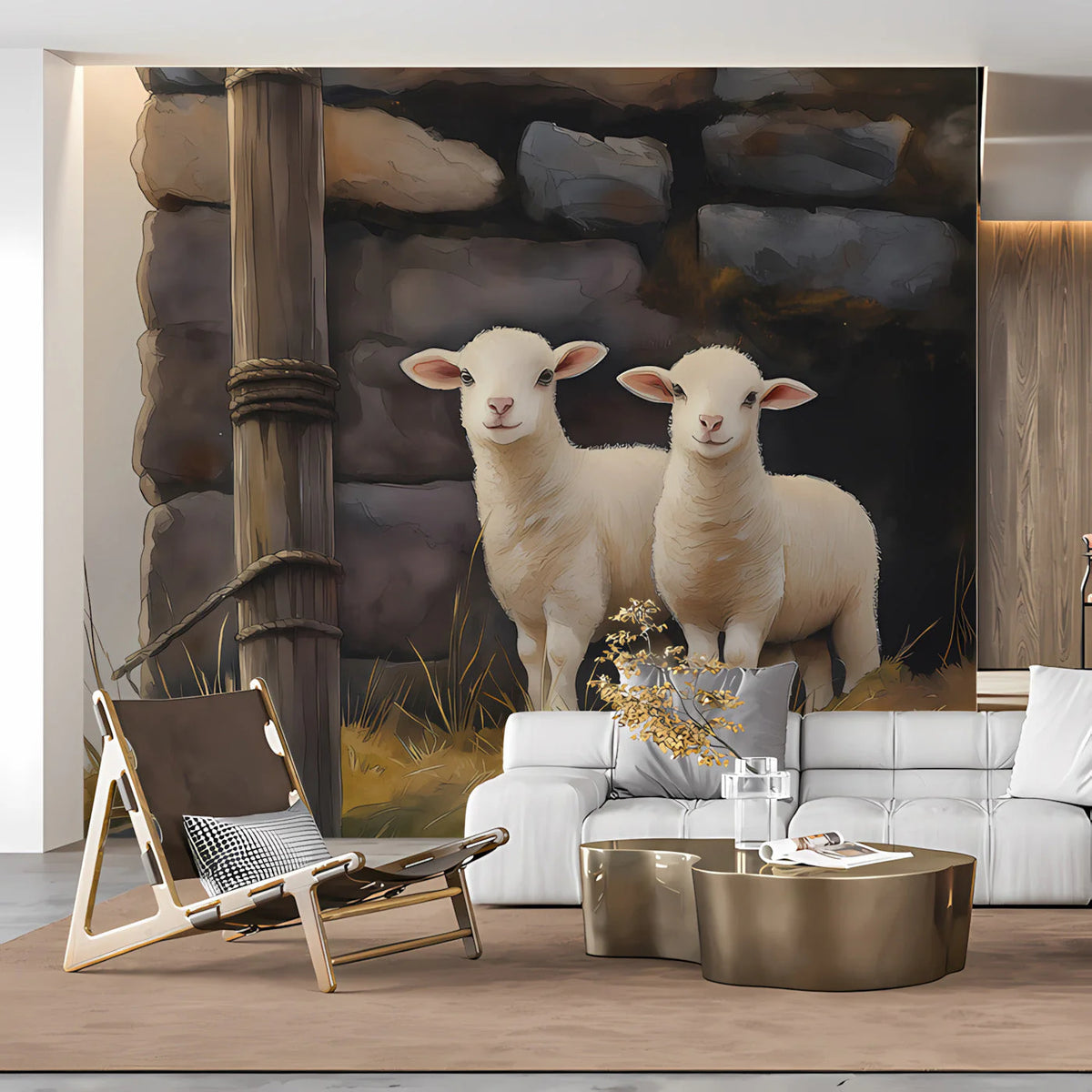 Rustic Lamb Farmhouse Mural Wallpaper —Pastoral Wall Art Mural Wallpaper - pure wallpaper artwork