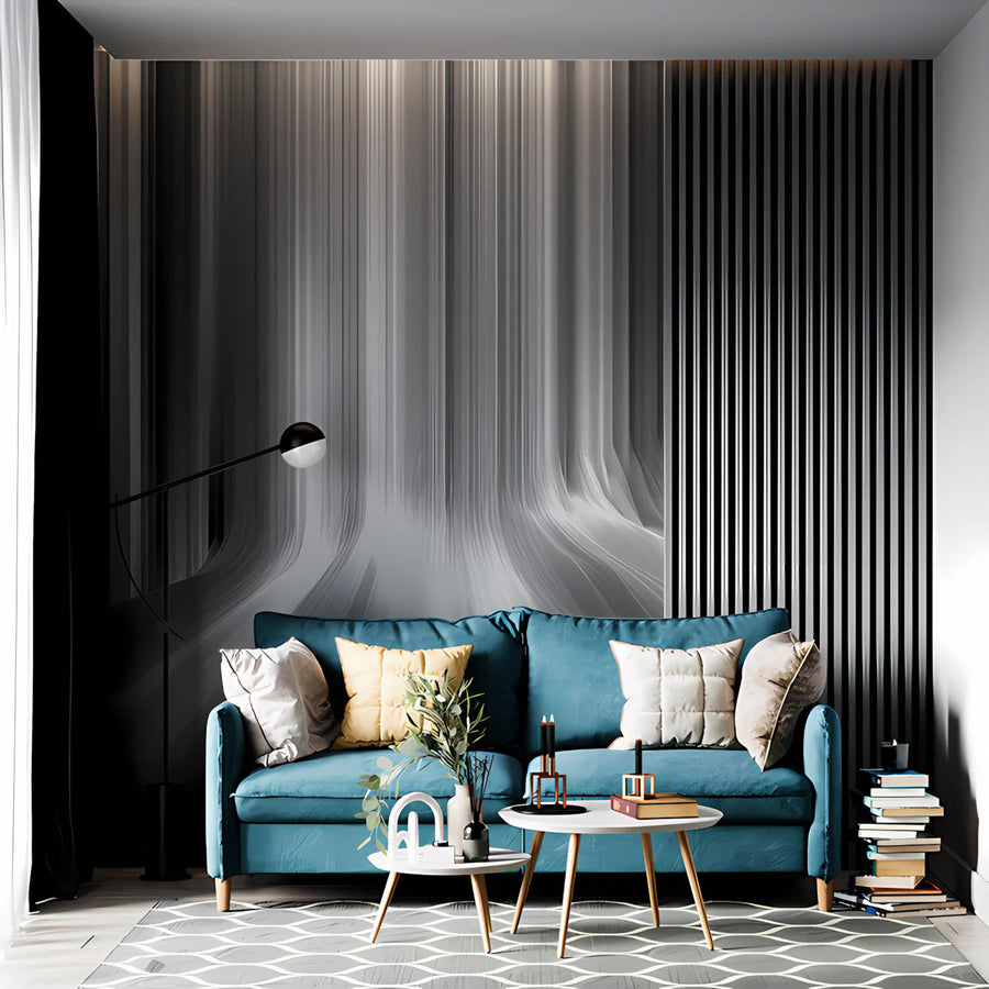 Monochrome Linear Waterfall Mural Wallpaper — Abstract Modern Art Mural Wallpaper