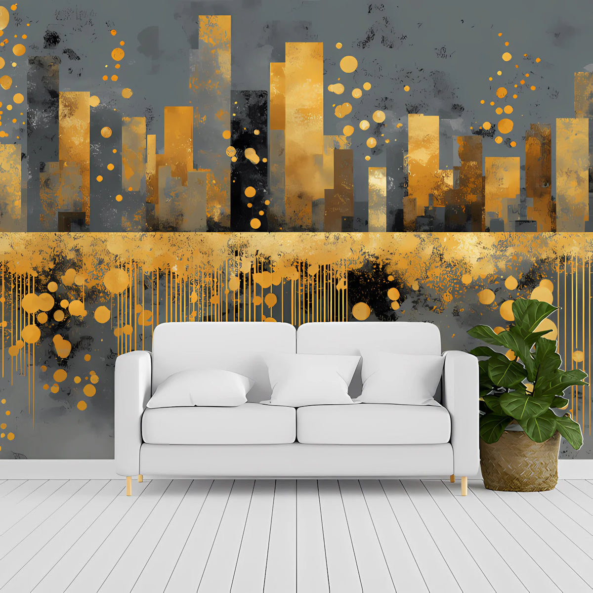 Golden City Skyline Mural Wallpaper — Abstract Urban Art Mural Wallpaper - pure wallpaper artwork