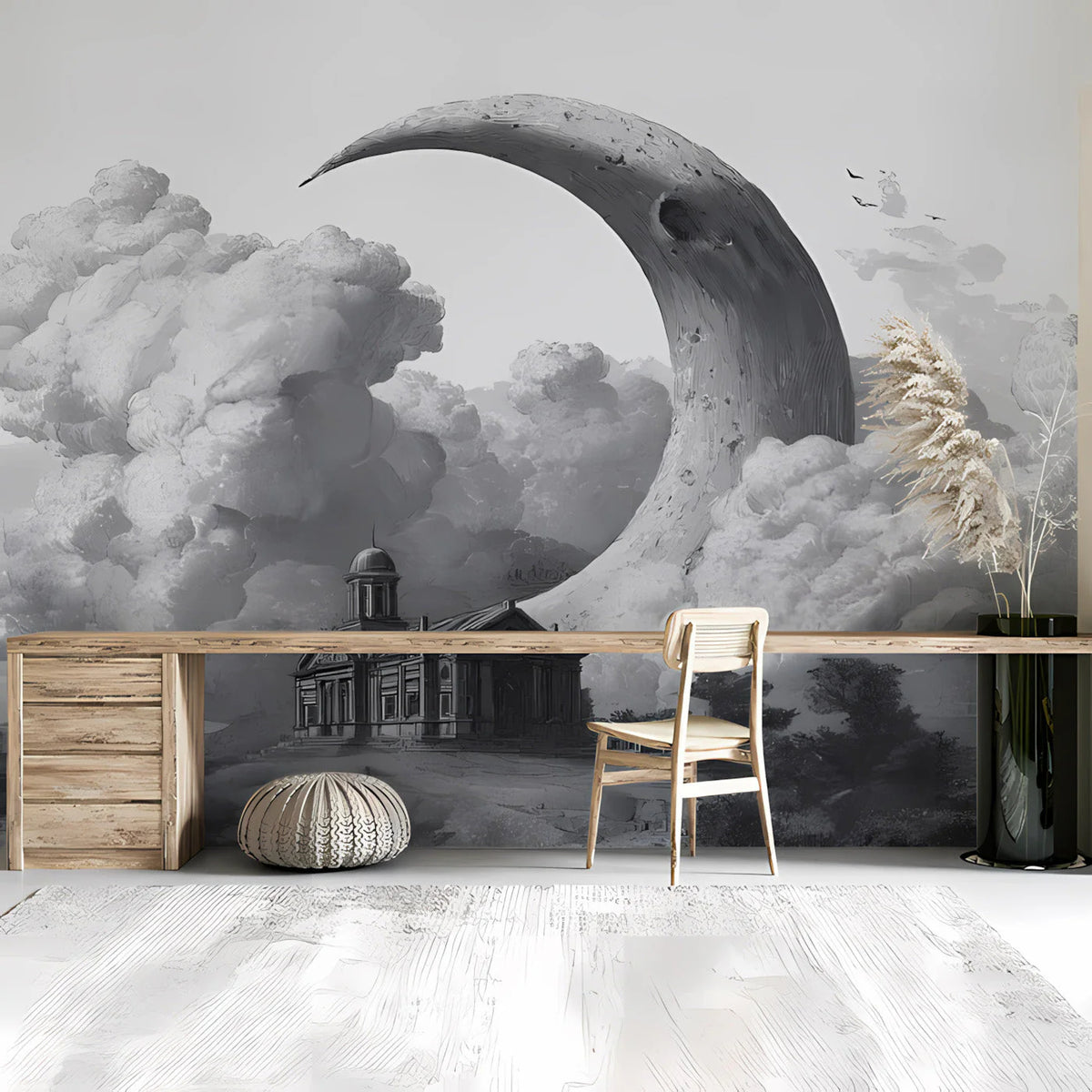 Crescent Moon Over Neo-Classical Estate Mural Wallpaper - pure wallpaper artwork