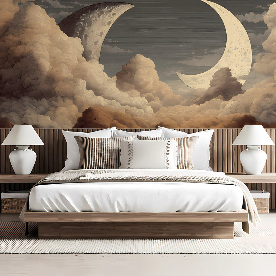 Celestial Moon and Clouds Mural Wallpaper — Etched Vintage Style Mural Wallpaper