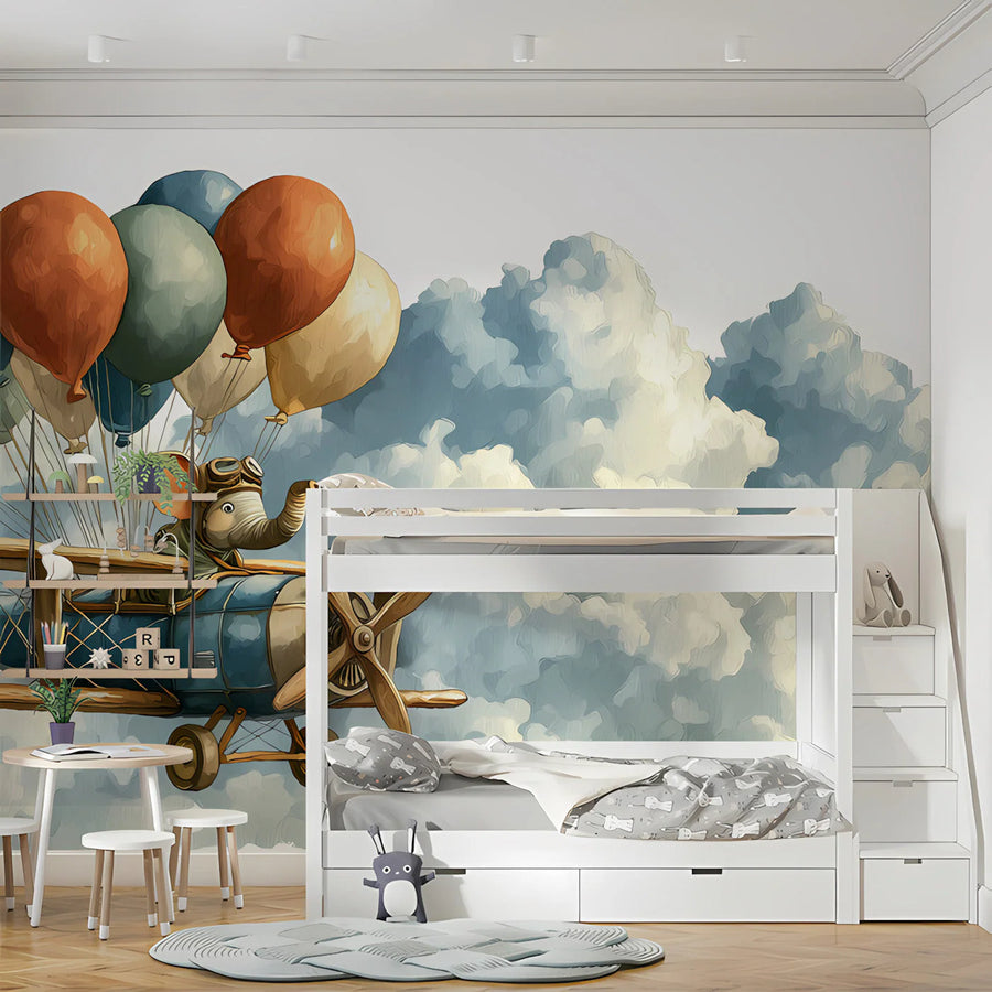 Flying Elephant Aviator Mural Wallpaper — Whimsical Sky Adventure Mural Wallpaper