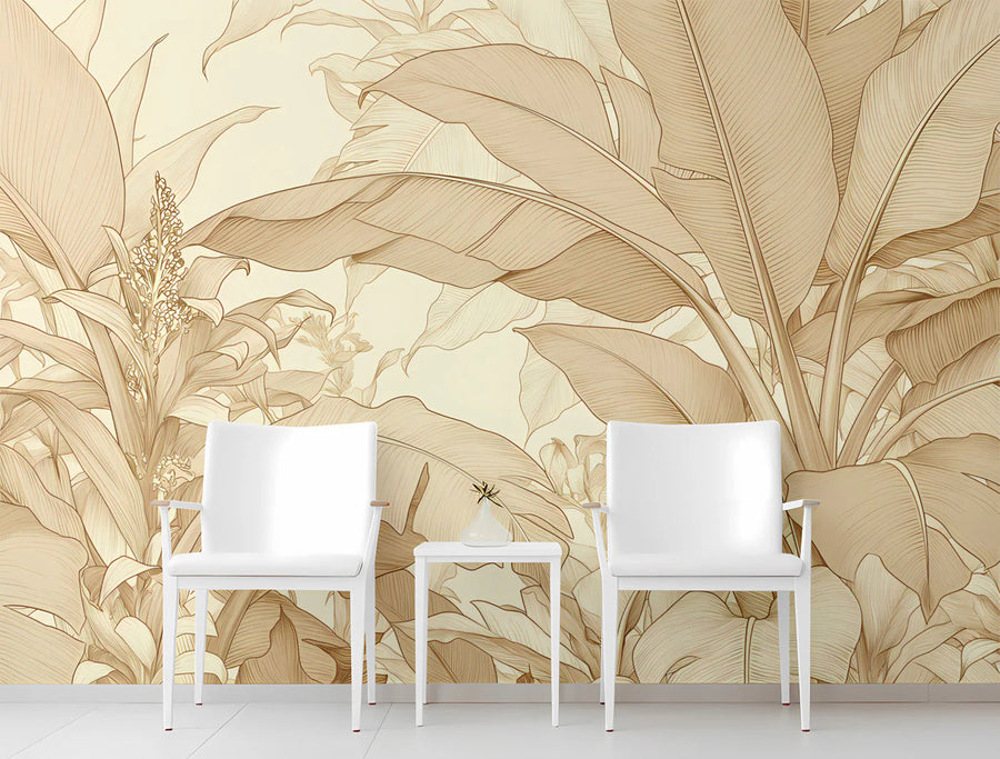 Monochrome Banana Leaf Mural Wallpaper — Botanical Line Art Mural Wallpaper