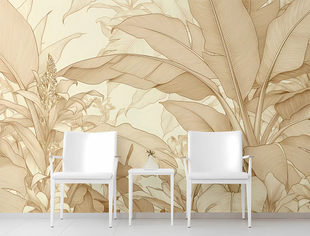 Monochrome Banana Leaf Mural Wallpaper — Botanical Line Art Mural Wallpaper - pure wallpaper artwork