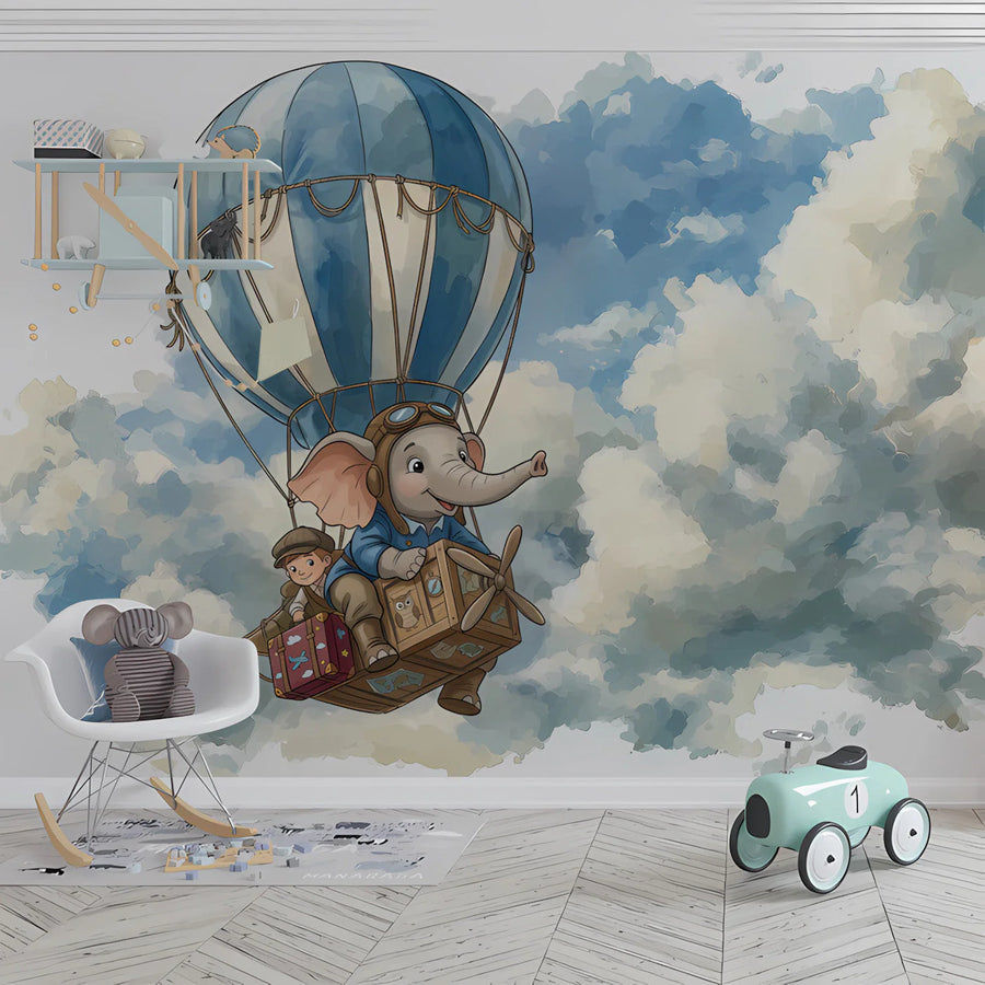 Elephant Pilot Hot Air Balloon Mural Wallpaper — Whimsical Travel Mural Wallpaper