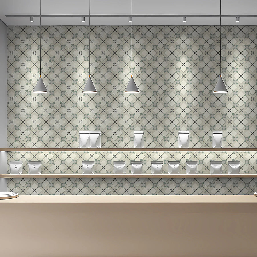 Geometric Petal Mural Wallpaper — Soft Sage and Neutral Tile Mural Wallpaper