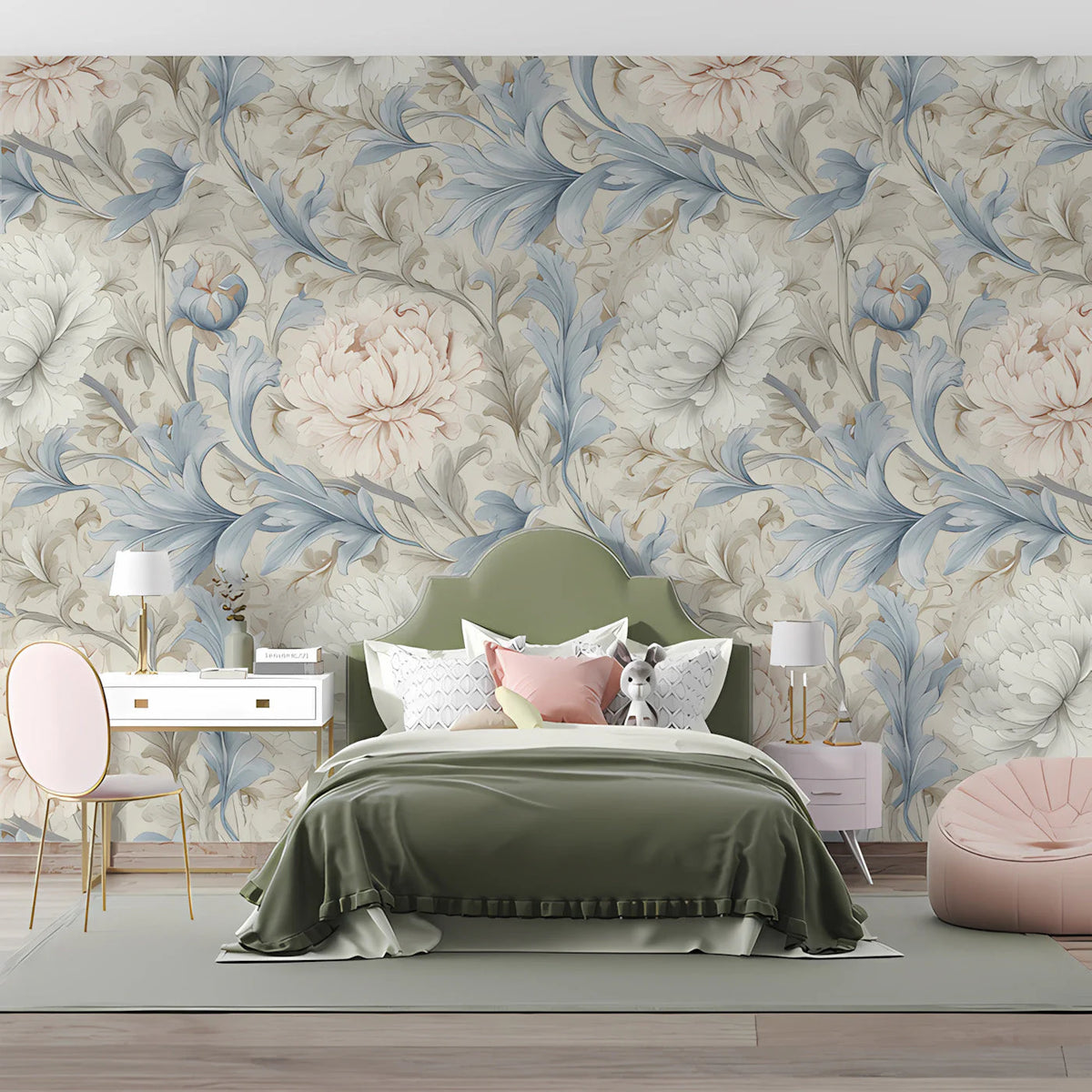Peony Botanical Mural Wallpaper in Soft Dusky Blue and Cream Mural Wallpaper - pure wallpaper artwork